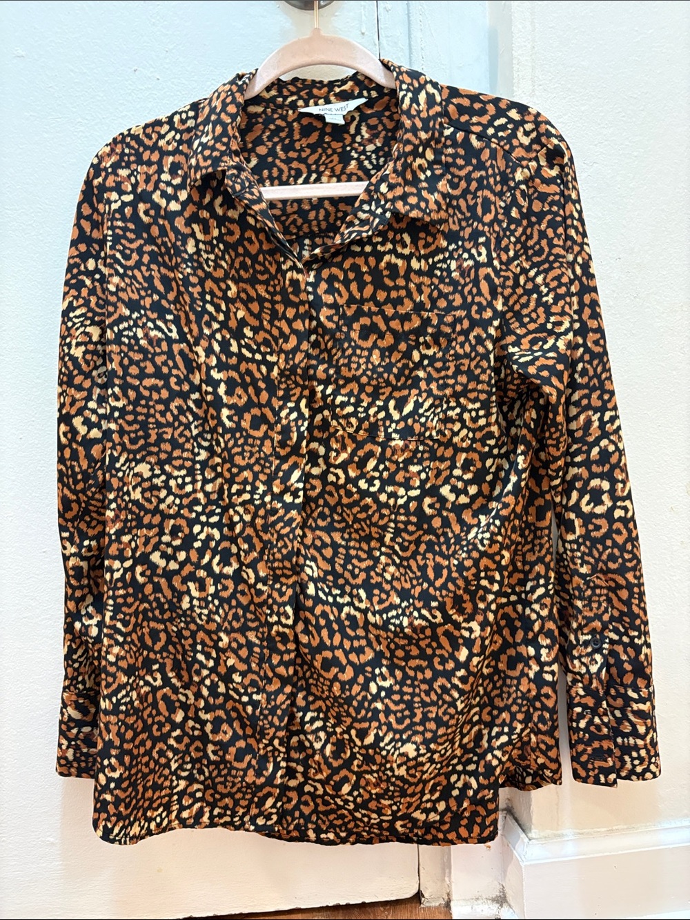 Nine West Leopard Print Button-Down Shirt in Black and Brown Size Medium